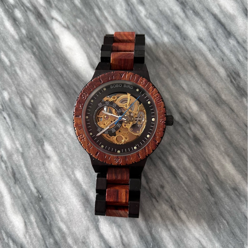 Men's Black and Brown Wooden Watch
